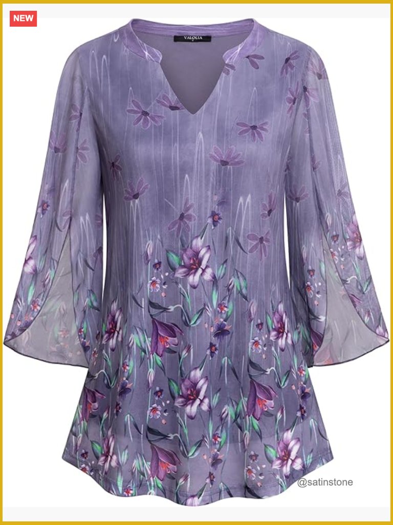 Mesh Tunic Top With 3/4 Ruffle Sleeves And V-Neck